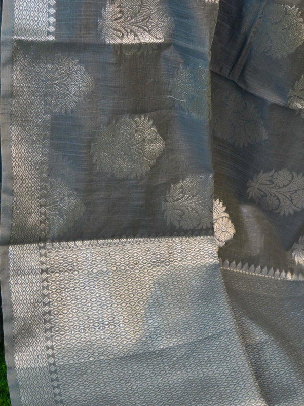Banarasee Cotton Silk Saree With  Silver Zari Buta & Border-Grey