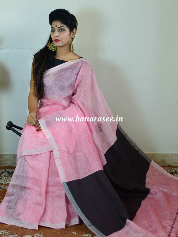 Bhagalpuri Handloom Pure Linen Silk Saree-Pink With Black