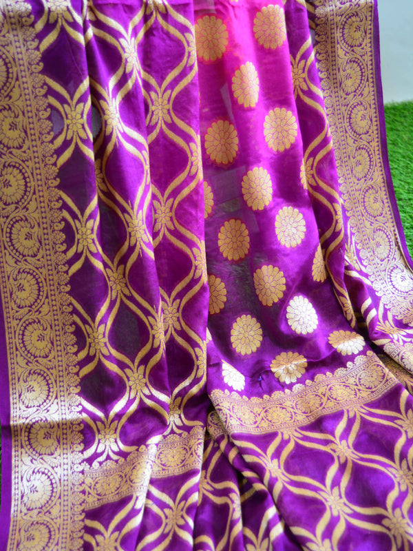Banarasee Chiffon Zari Jaal Saree-Pink & Violet