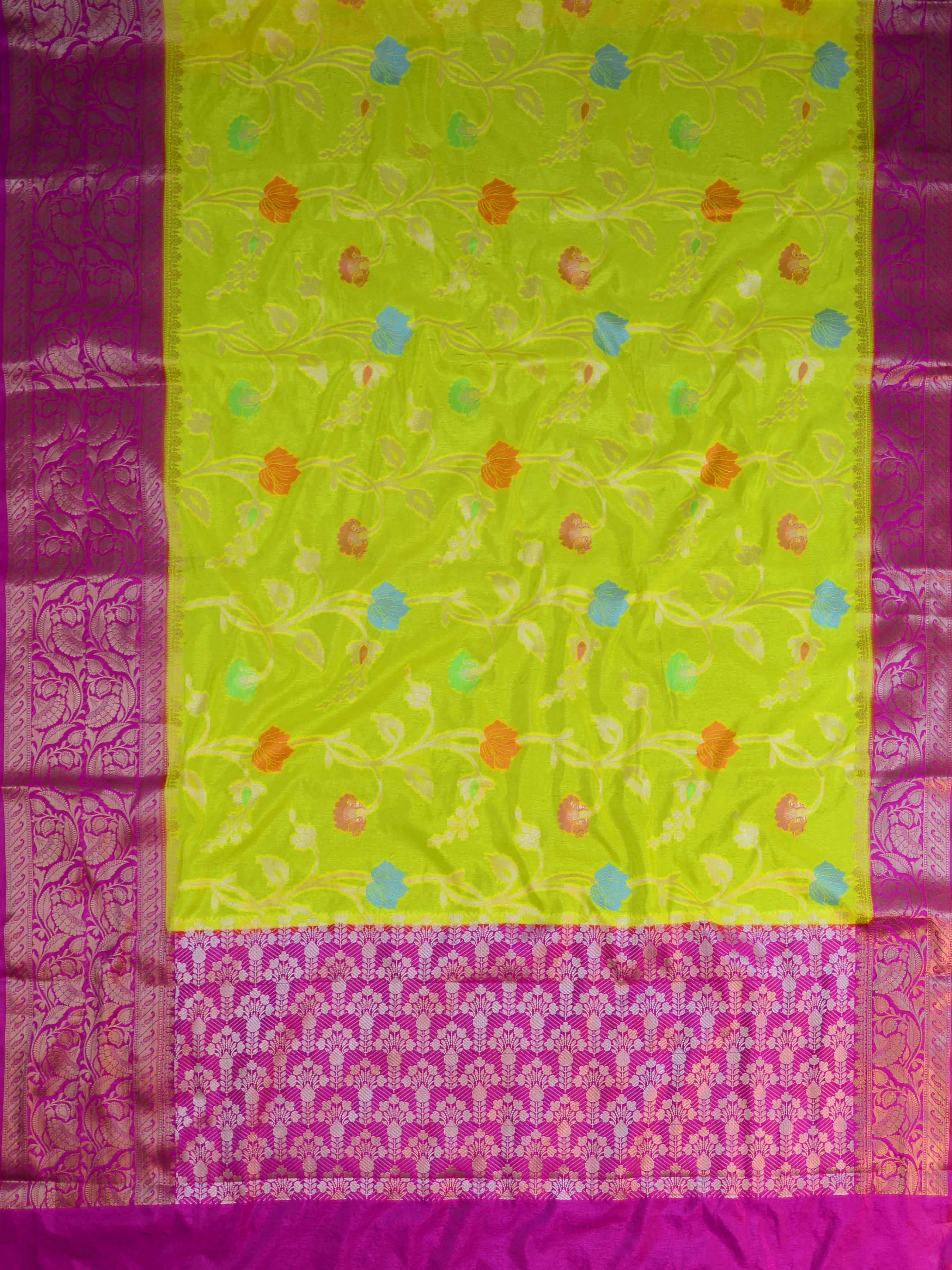 Banarasee Handwoven Semi Silk Saree With Contrast Border-Yellow & Pink