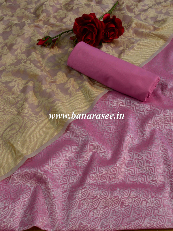 Banarasee Brocade Salwar Kameez Fabric With Cotton Silk Jaal Work Dupatta-Pink & Beige