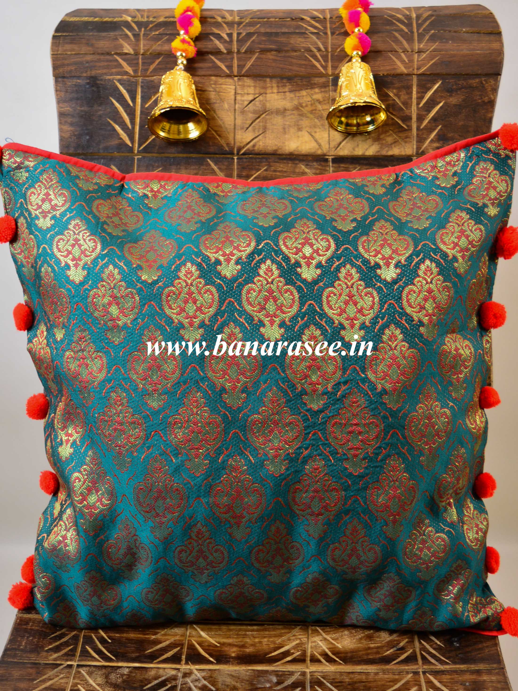 Banarasee Resham Brocade Piping & Pom-Pom Detail Cushion Cover-Deep Green