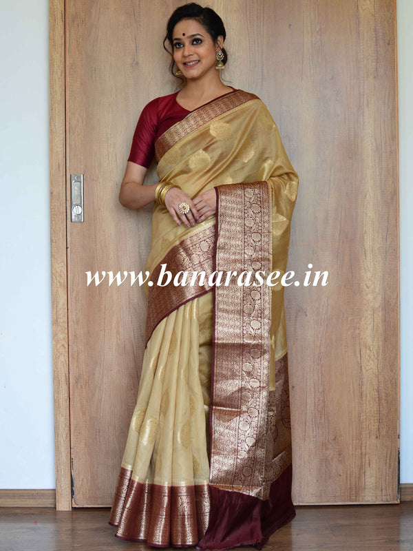 Banarasee Handwoven Pure Silk Cotton Saree With Antique Zari & & Border-Beige