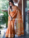 Bhagalpur Handloom Pure Linen Cotton Hand-Dyed Batik Pattern Saree-Light Brown