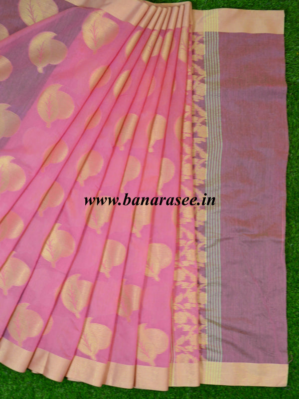Banarasee Cotton Silk Zari Border & Buta Saree-Pink