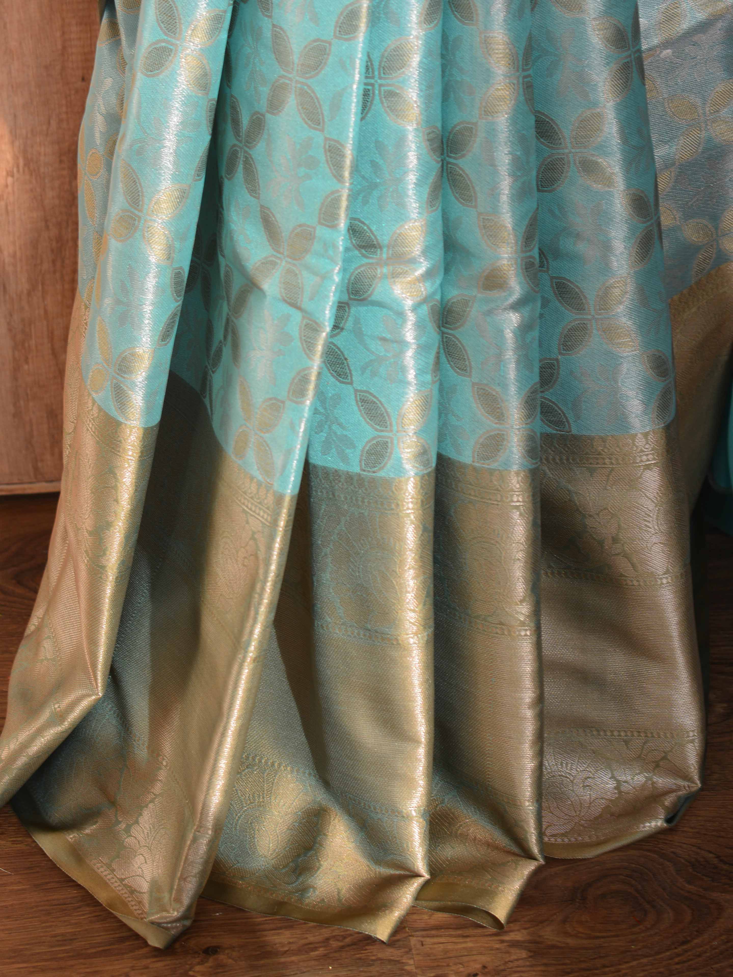 Banarasee Handwoven Contrast Border Pastel Color Saree With Self Weaving Design-Green