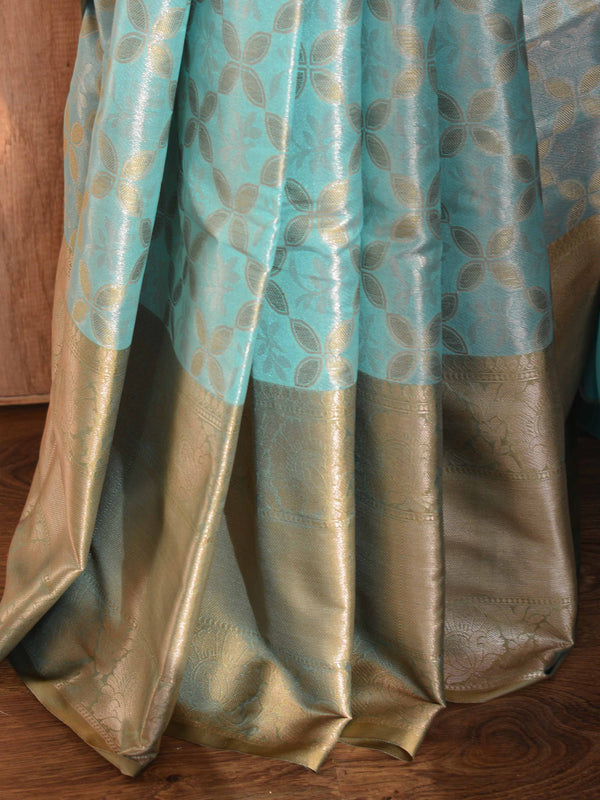 Banarasee Handwoven Contrast Border Pastel Color Saree With Self Weaving Design-Green