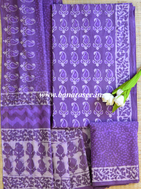 Handloom Mul Cotton Handblock Printed Suit Set-Purple