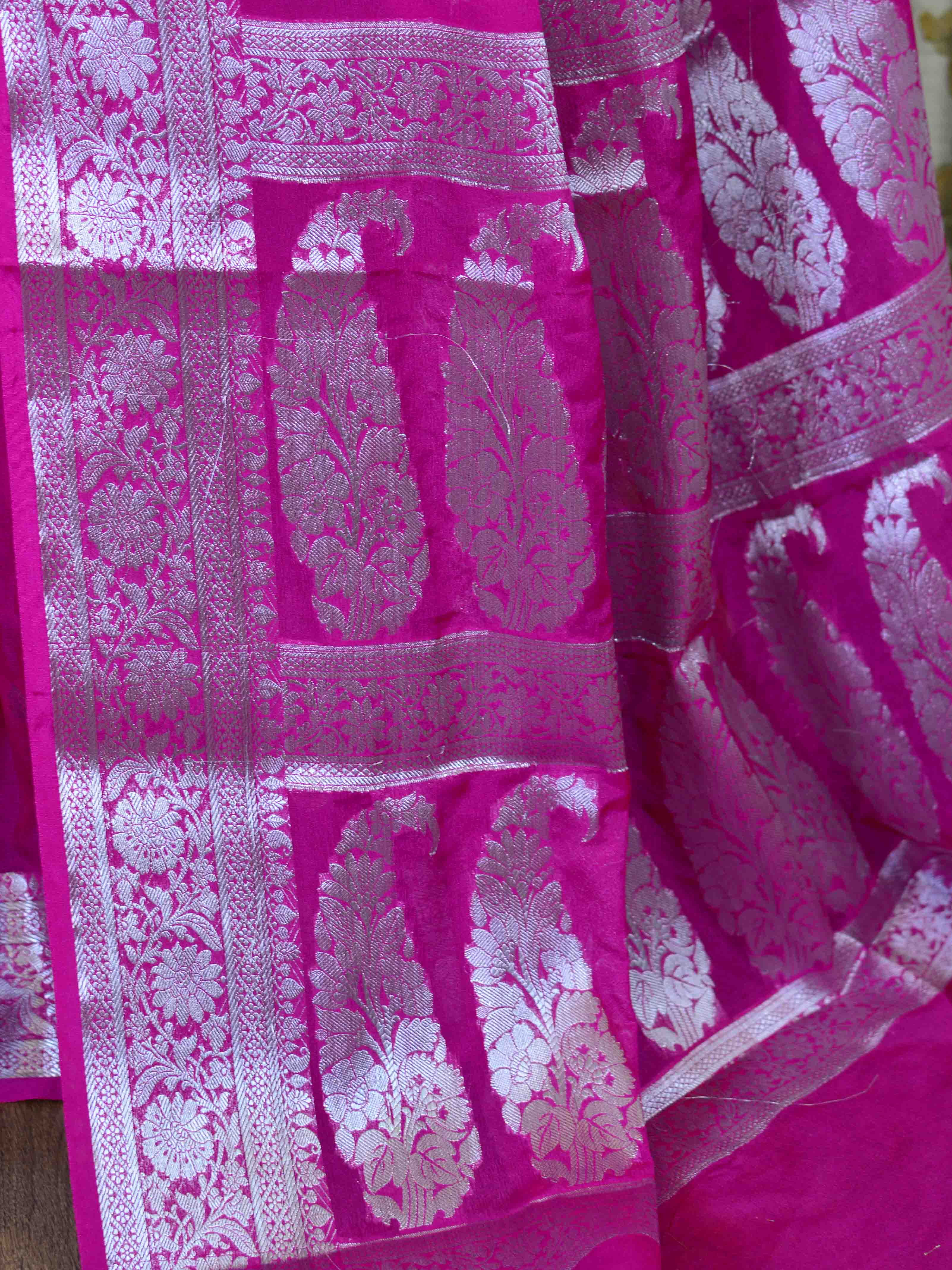 Banarasee Handwoven Semi-Chiffon Saree With Silver Zari-Rani Pink
