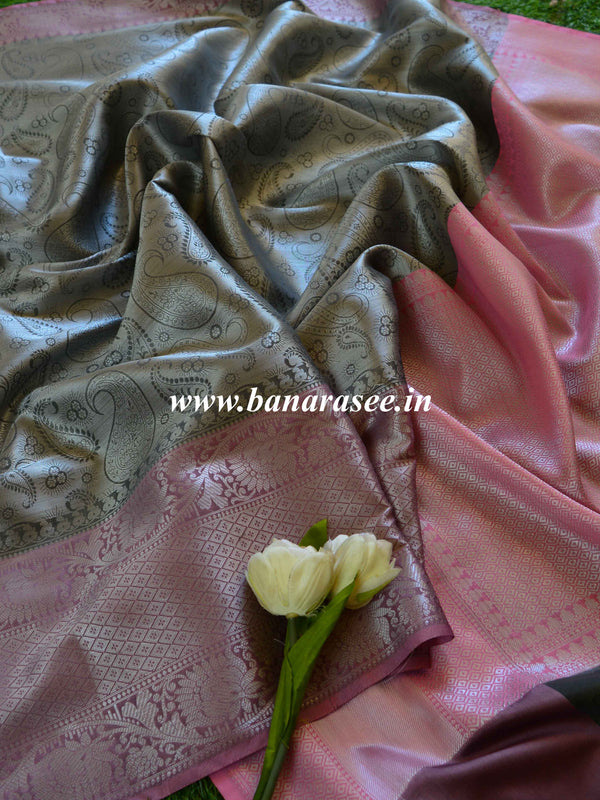 Banarasee Kora Muslin Saree With Floral Tanchoi Design & Skirt Border-Grey