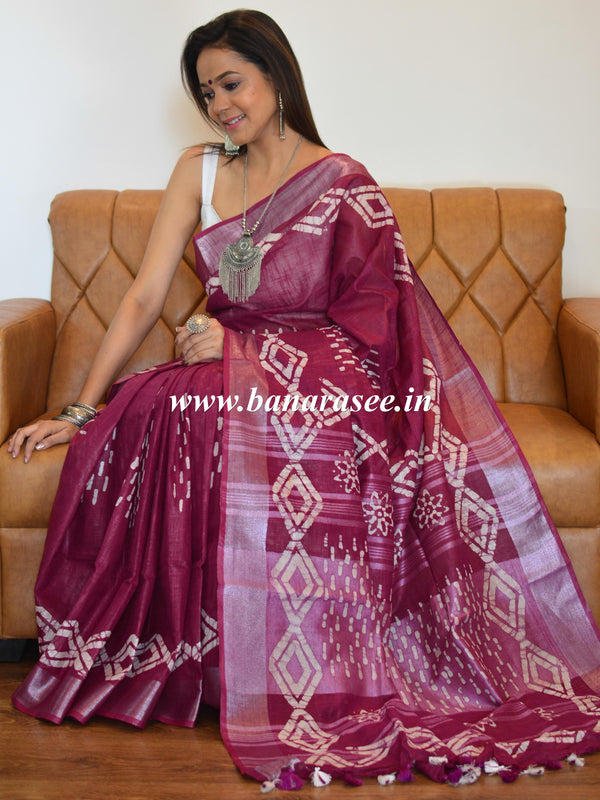 Bhagalpur Handloom Pure Linen Cotton Hand-Dyed Batik Pattern Saree-Wine