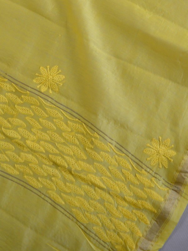 Chikankari & Zari Work Banarasee Chanderi Silk Dupatta Kameez Set-Yellow