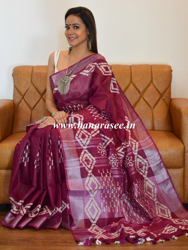 Bhagalpur Handloom Pure Linen Cotton Hand-Dyed Batik Pattern Saree-Wine