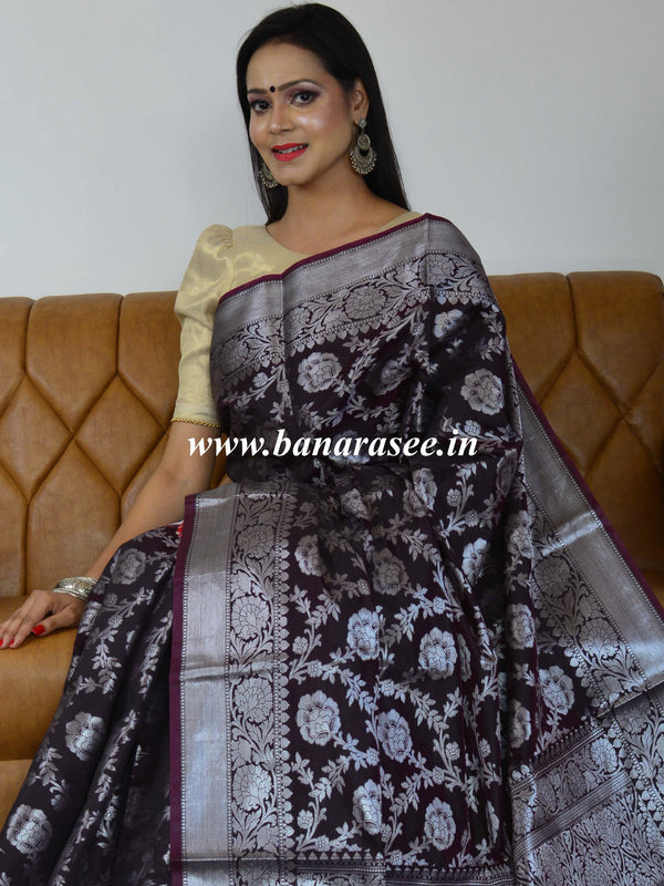 Banarasee Handwoven Semi Silk Saree With Silver Zari Jaal Design-Brown(Pink Tone)