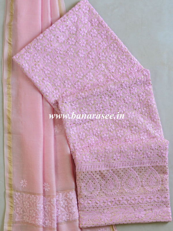 Chikankari & Zari Work Banarasee Chanderi Silk Dupatta Kameez Set-Pink