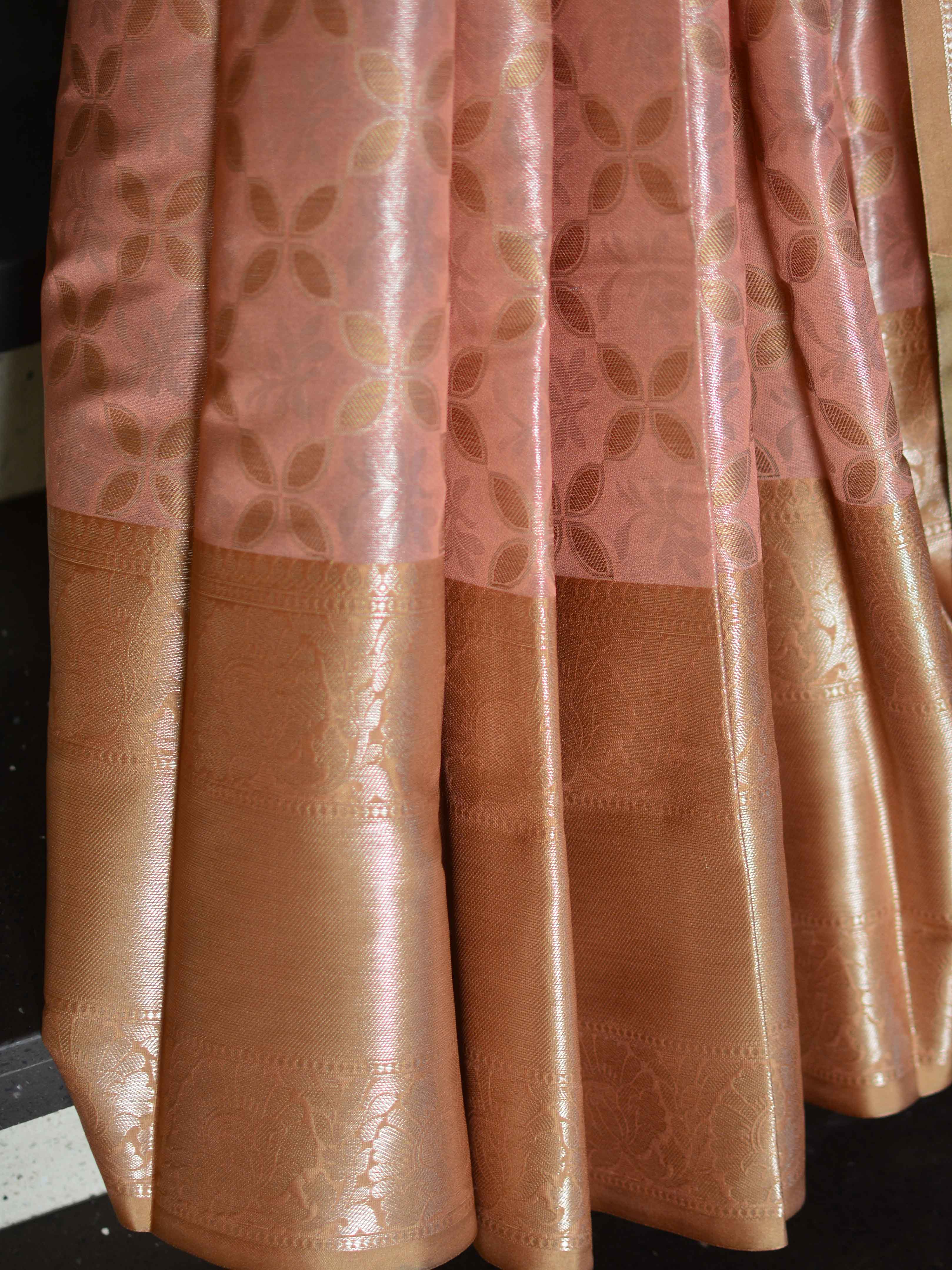 Banarasee Handwoven Contrast Border Pastel Color Saree With Self Weaving Design-Peach