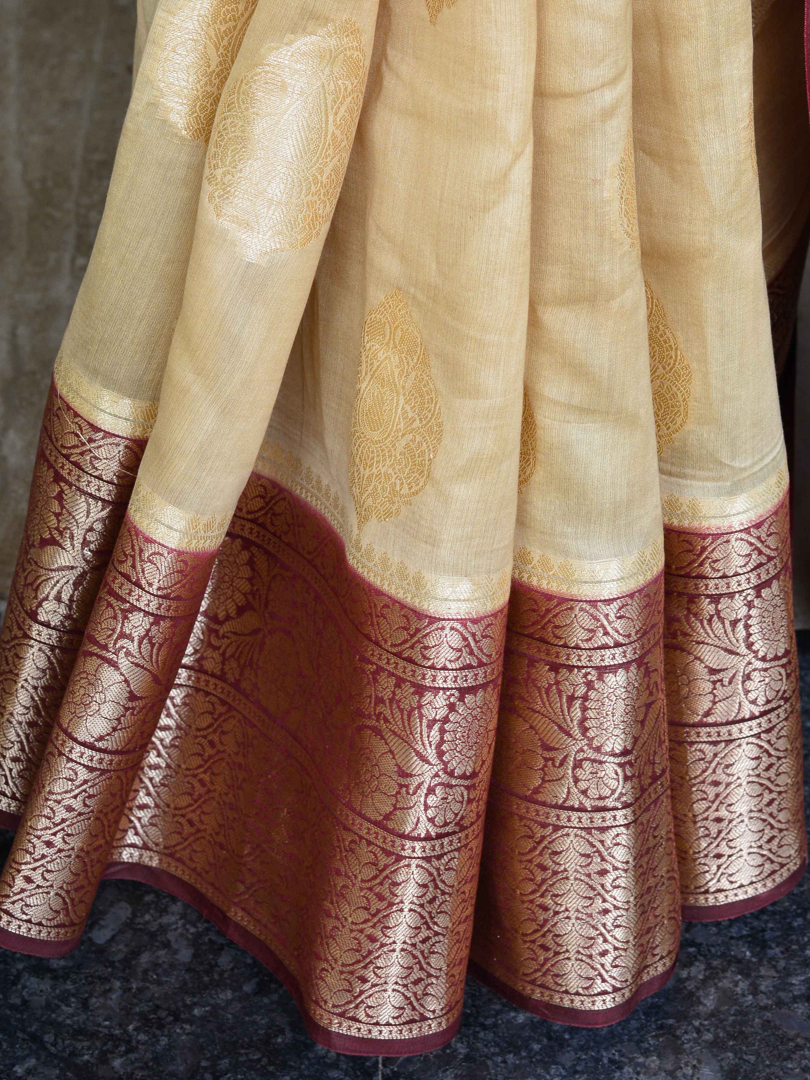 Banarasee Handwoven Pure Silk Cotton Saree With Antique Zari & & Border-Beige