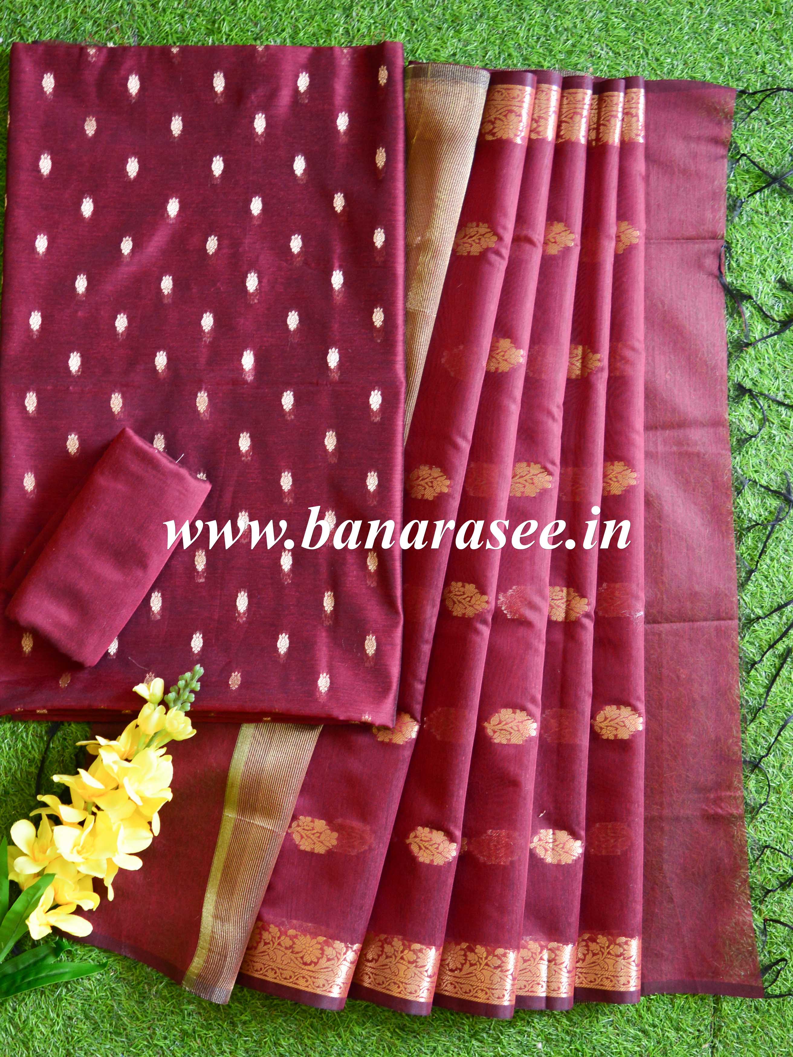 Banarasee Chanderi Cotton Zari Buti Design Salwar Kameez & Dupatta Set-Maroon