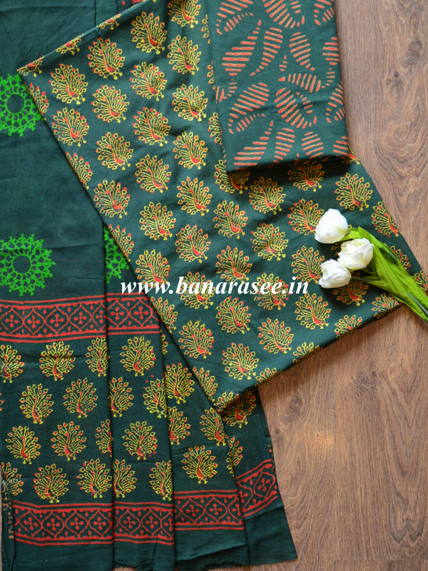 Pure Handloom Mul Cotton Bagru Print Suit Set-Deep Green