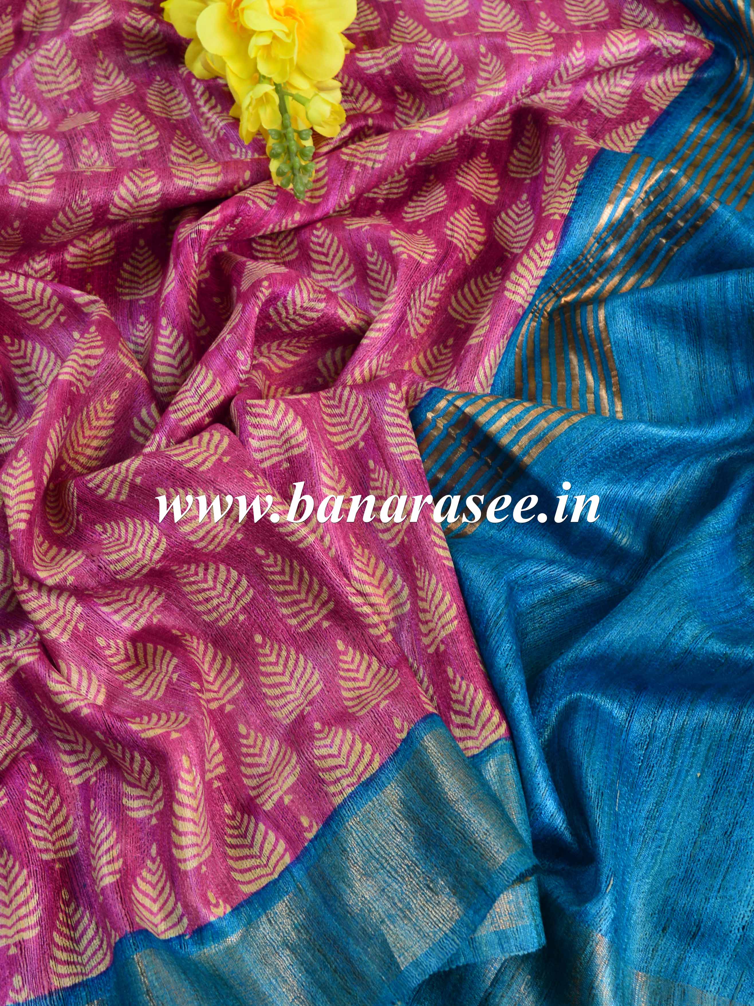 Bhagalpur Pure Handloom Tussar Silk Saree With Hand-Block Print Design-Pink & Blue