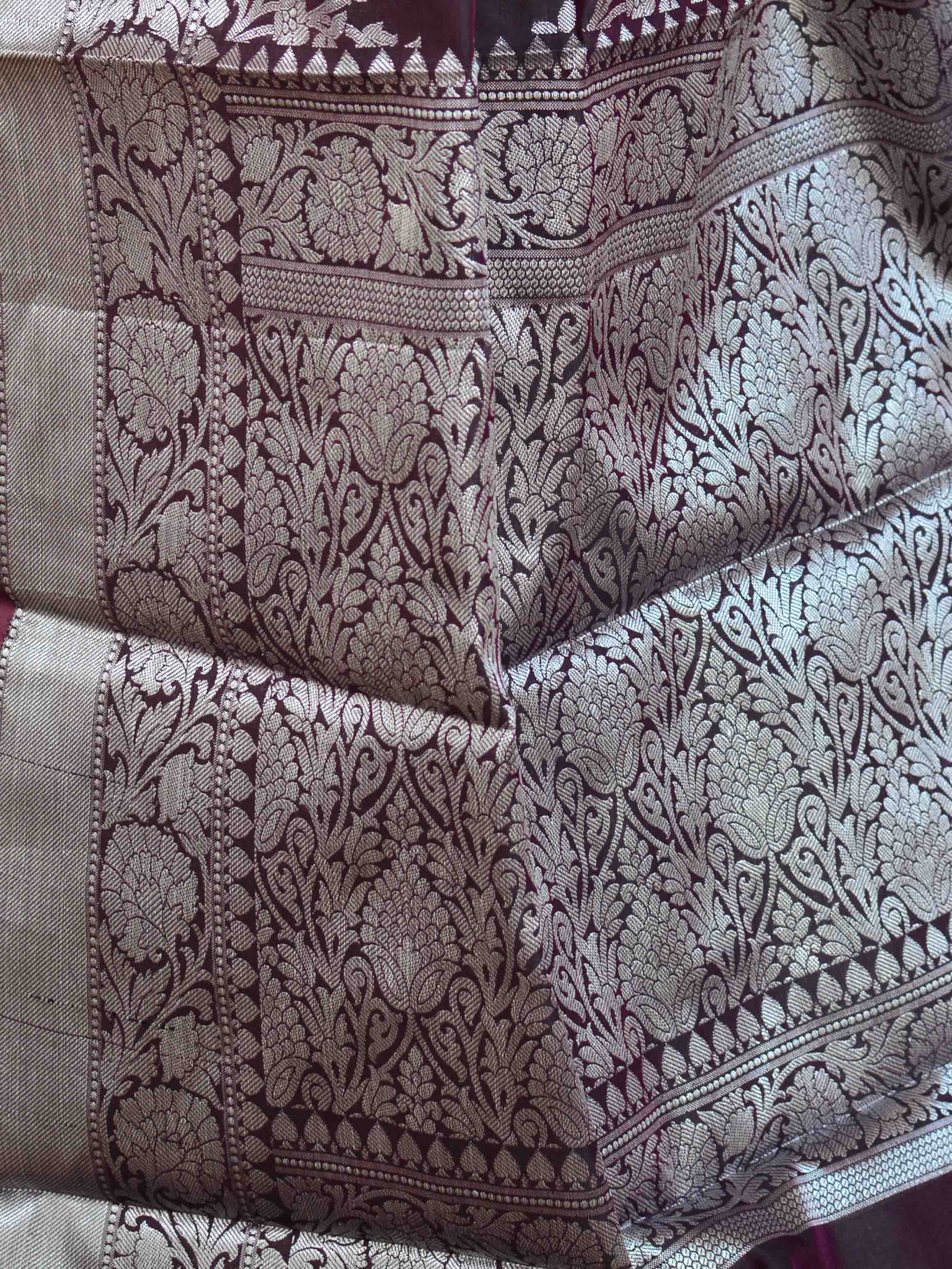 Banarasee Handwoven Semi Silk Saree With Silver Zari Jaal Design-Brown(Pink Tone)
