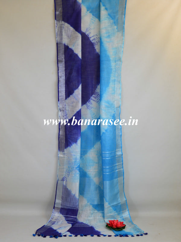 Bhagalpur Handloom Pure Linen Cotton Hand-Dyed Shibori Pattern Saree-White & Blue