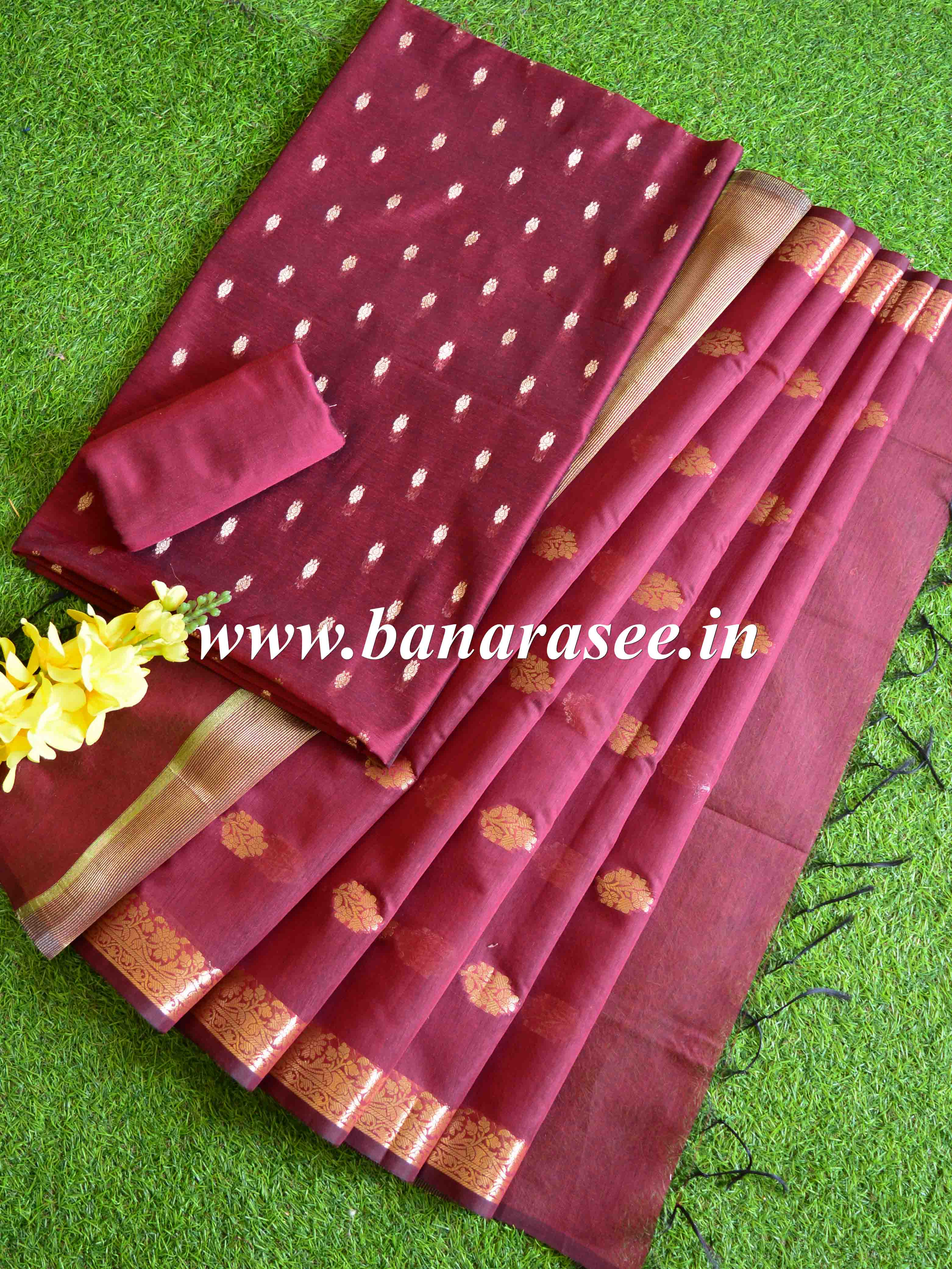 Banarasee Chanderi Cotton Zari Buti Design Salwar Kameez & Dupatta Set-Maroon