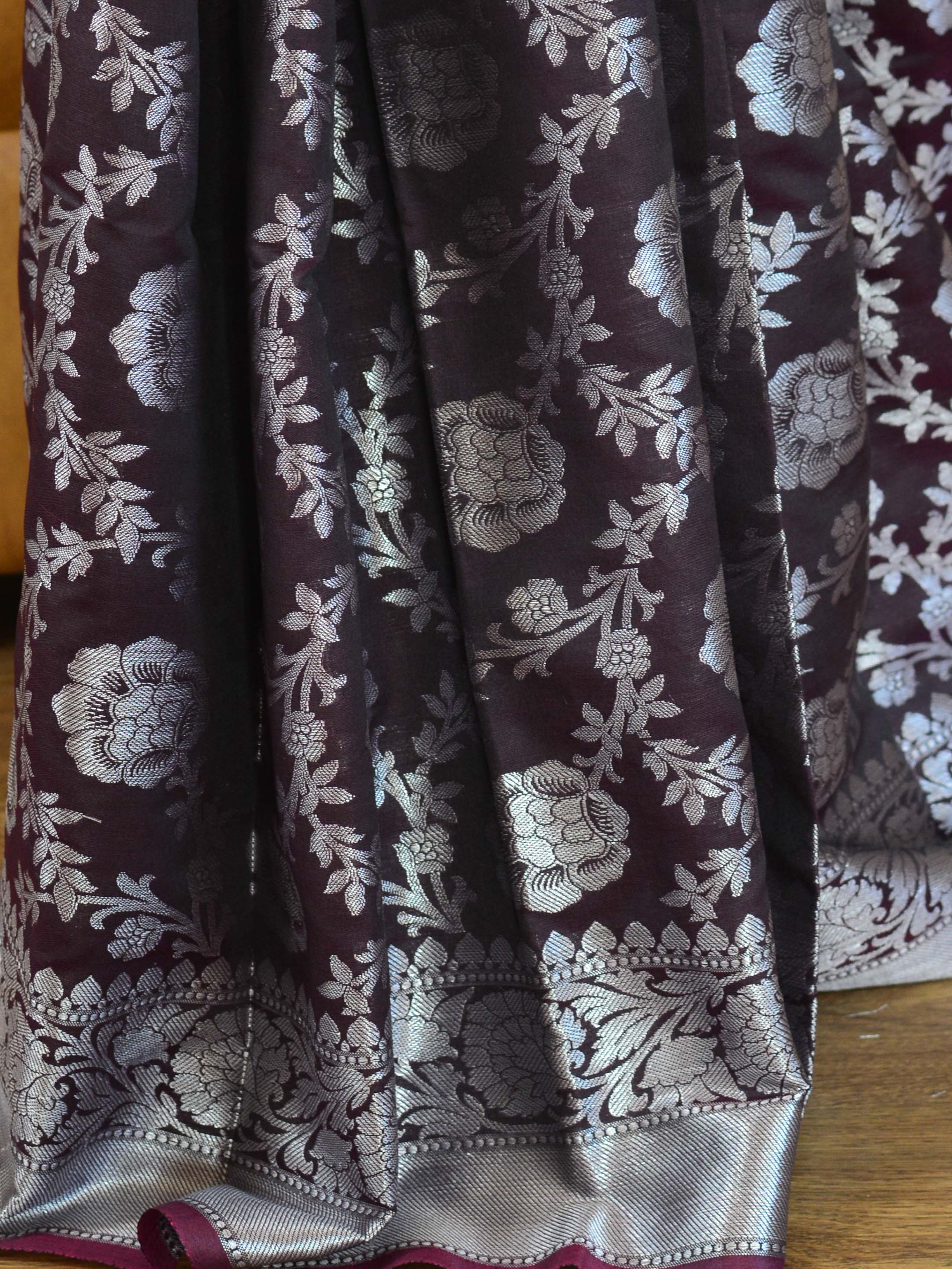 Banarasee Handwoven Semi Silk Saree With Silver Zari Jaal Design-Brown(Pink Tone)
