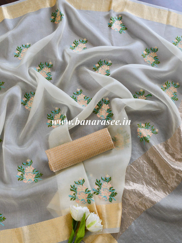 Banarasee Pure Organza Silk Saree With Embroidery-White