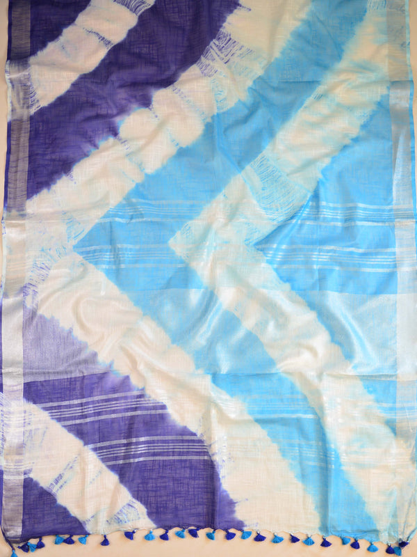 Bhagalpur Handloom Pure Linen Cotton Hand-Dyed Shibori Pattern Saree-White & Blue