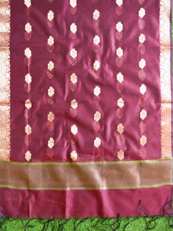 Banarasee Chanderi Cotton Zari Buti Design Salwar Kameez & Dupatta Set-Maroon