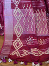 Bhagalpur Handloom Pure Linen Cotton Hand-Dyed Batik Pattern Saree-Wine