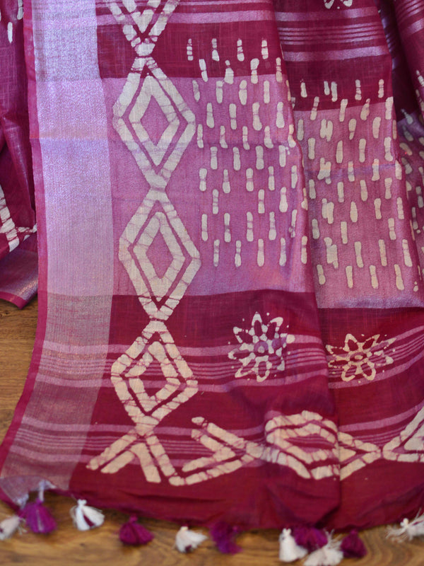 Bhagalpur Handloom Pure Linen Cotton Hand-Dyed Batik Pattern Saree-Wine