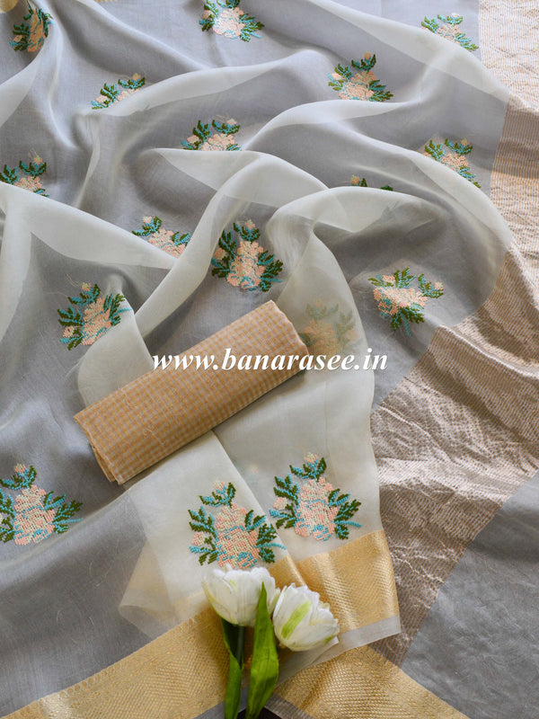 Banarasee Pure Organza Silk Saree With Embroidery-White