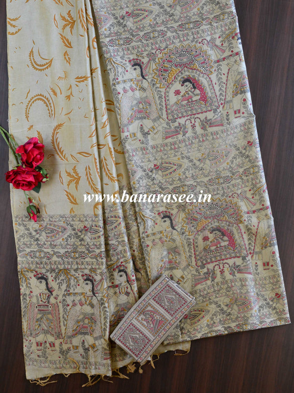 Handloom Madhubani Printed Khadi Cotton Salwar Kameez Dupatta Set-Beige