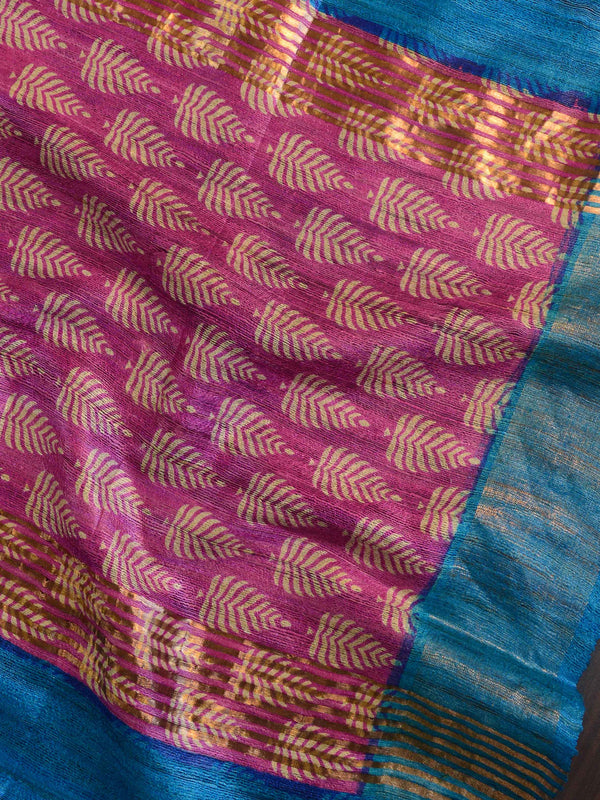 Bhagalpur Pure Handloom Tussar Silk Saree With Hand-Block Print Design-Pink & Blue