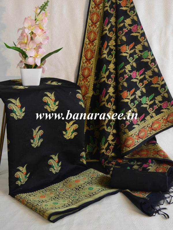 Banarasee Chanderi Cotton Salwar Kameez Fabric With Dupatta Zari Buta Design-Black