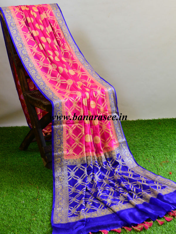 Banarasee Chiffon Zari Jaal Saree-Pink & Blue