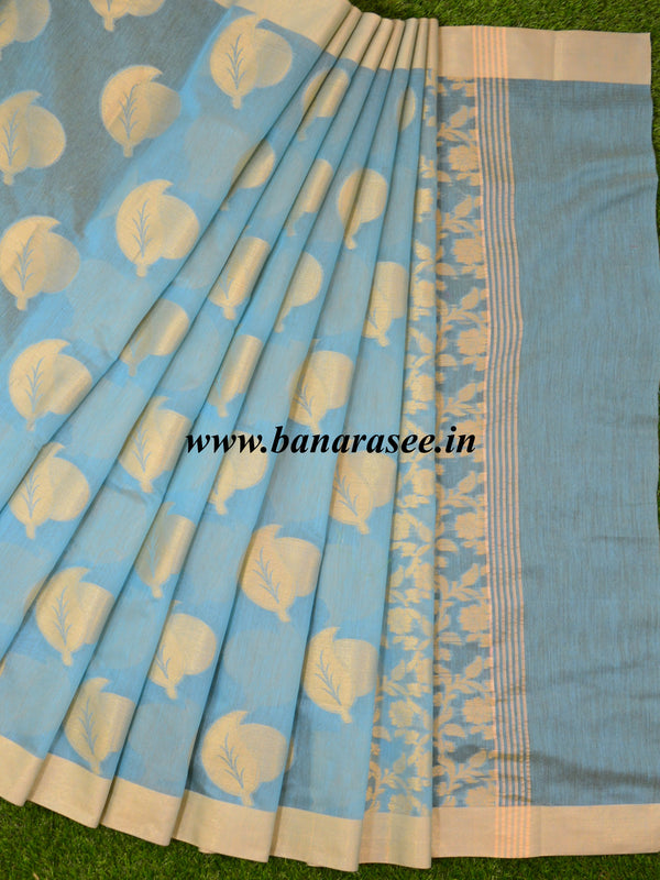 Banarasee Cotton Silk Zari Border & Buta Saree-Sky Blue