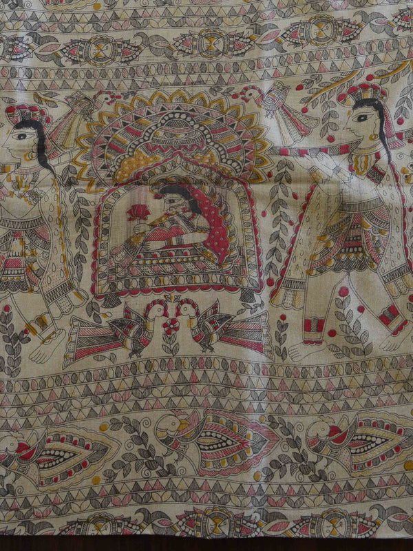 Handloom Madhubani Printed Khadi Cotton Salwar Kameez Dupatta Set-Beige