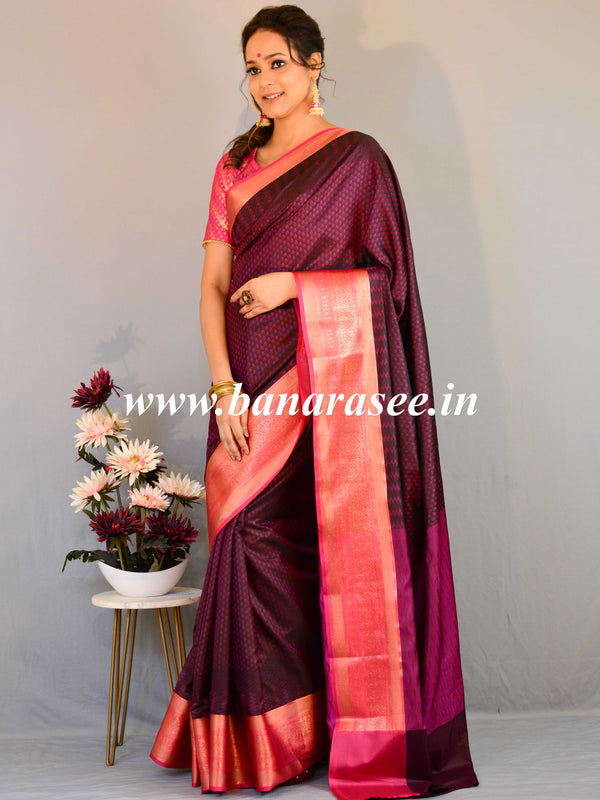 Banarasee Handwoven Semi Silk Saree With Tanchoi Weaving & Zari Border Design-Purple