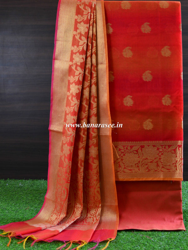 Banarasee Chanderi Cotton Salwar Kameez Zari Woven Buti Design Fabric-Red