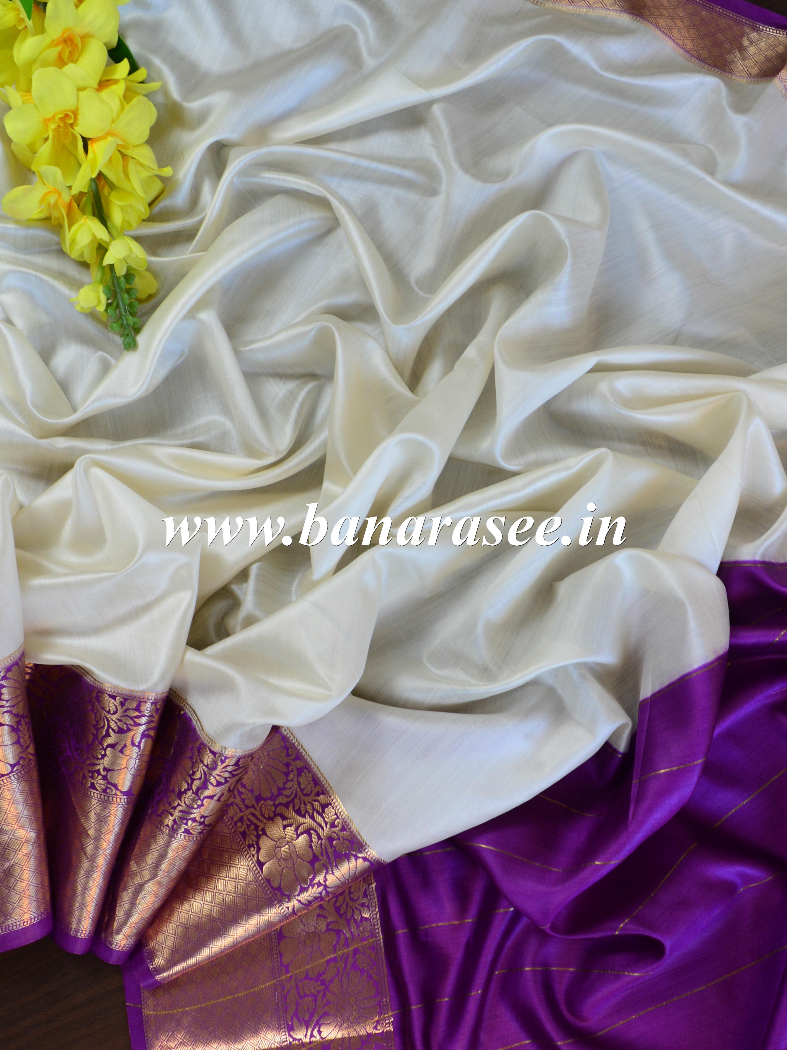 Banarasee Handloom Pure Chiniya Silk Saree With Zari Border-White & Violet
