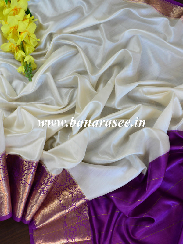 Banarasee Handloom Pure Chiniya Silk Saree With Zari Border-White & Violet