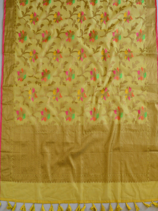 Banarasee Handloom Chanderi Cotton Resham Jaal Antique Gold Zari Saree-Yellow