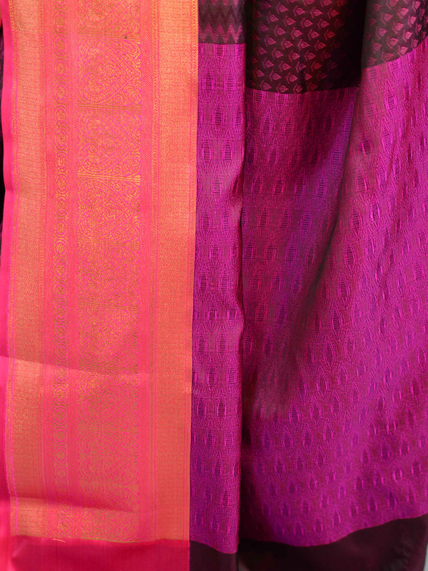 Banarasee Handwoven Semi Silk Saree With Tanchoi Weaving & Zari Border Design-Purple