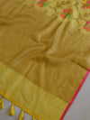 Banarasee Handloom Chanderi Cotton Resham Jaal Antique Gold Zari Saree-Yellow