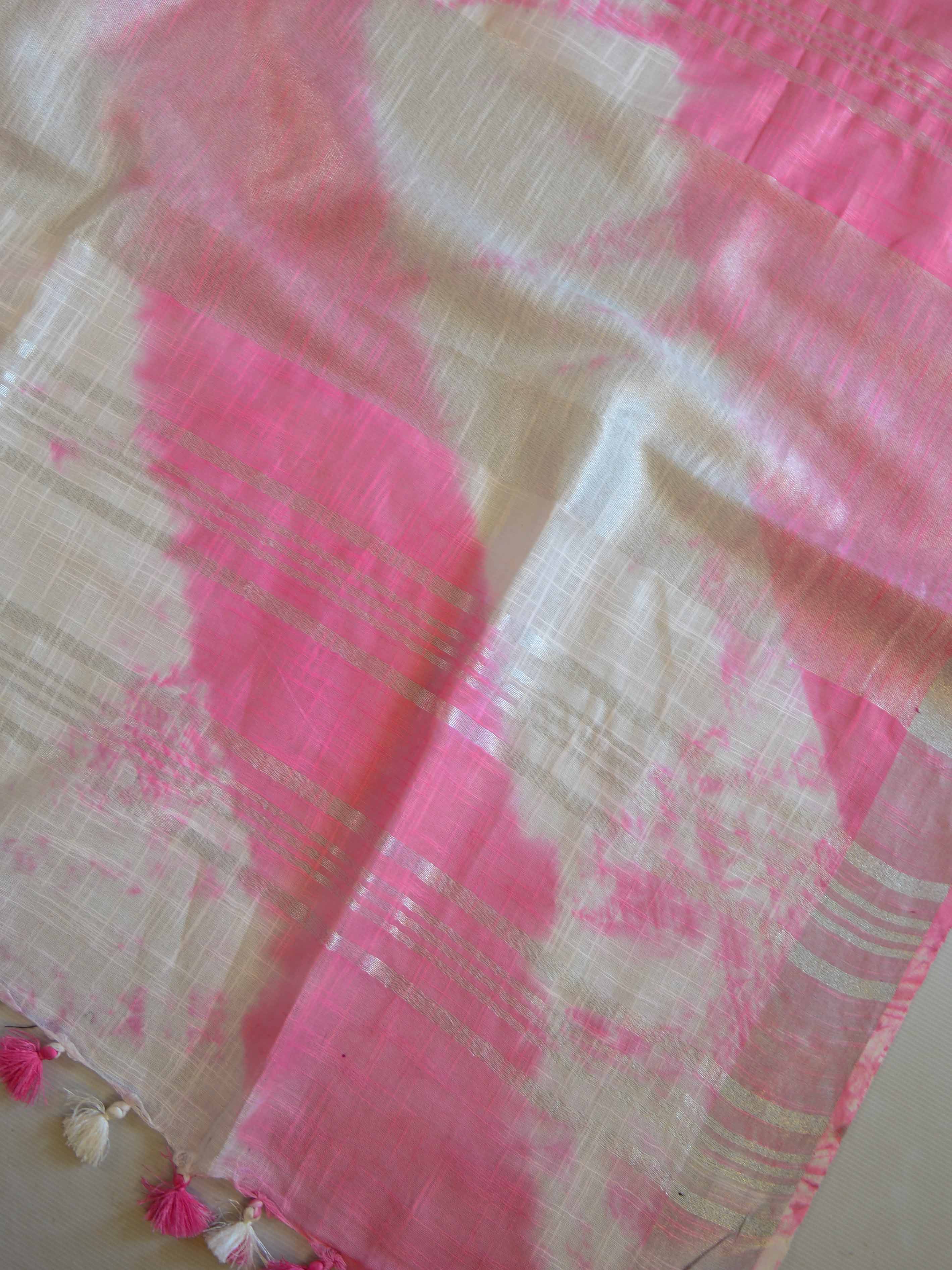 Bhagalpur Handloom Pure Linen Cotton Hand-Dyed Shibori Pattern Saree-Pink & White
