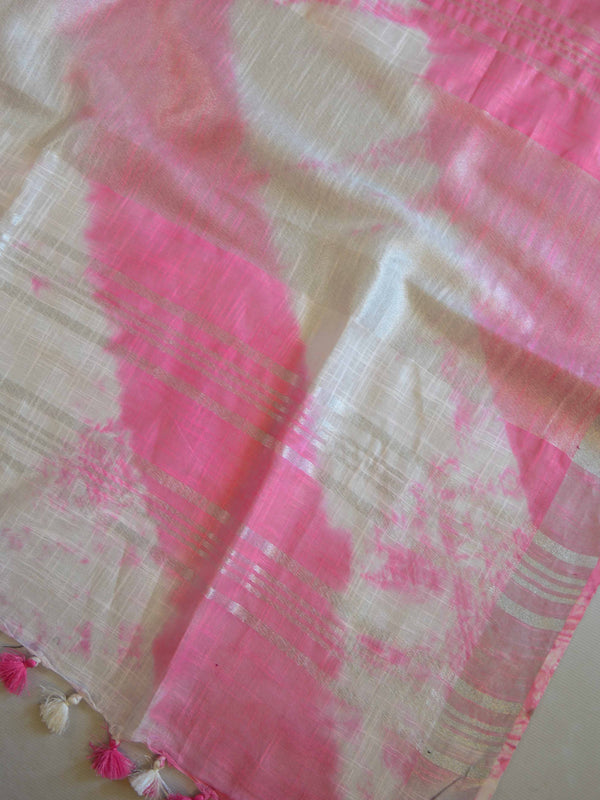 Bhagalpur Handloom Pure Linen Cotton Hand-Dyed Shibori Pattern Saree-Pink & White