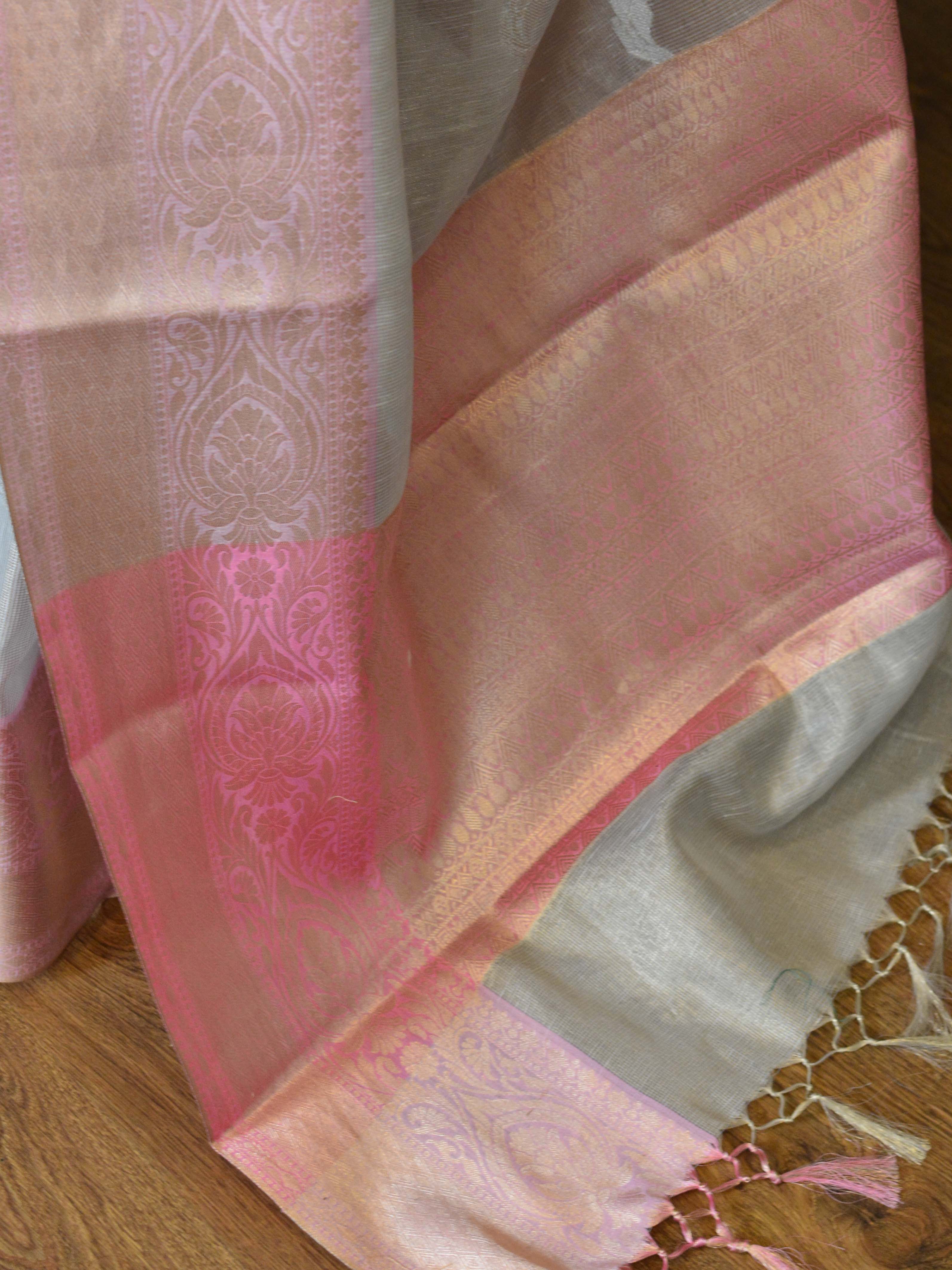 Banarasee Handwoven Tissue Saree With Pink Zari Border-Silver